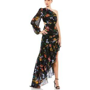 Mac Duggal 55668 Black Floral One Shoulder Cut Out Maxi Dress Formal NWT Sz 0